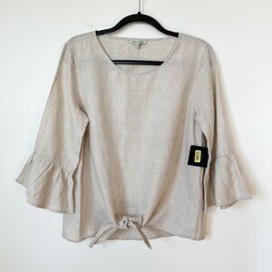 NWT John Mark Linen Tie Front Top Ruffle Bell Sleeve Womens Small Coastal Beige